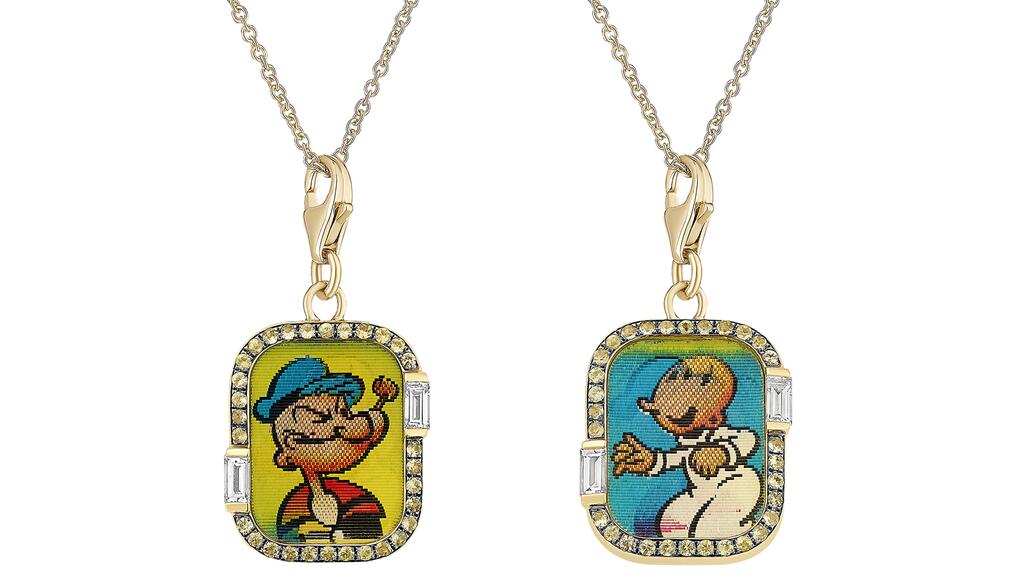 Francesca Villa used lenticular images of pop culture icons, like Popeye and Swee’Pea, in her new “Abracadabra Luxe” collection. Francesca Villa Popeye and Swee’Pea lenticulars